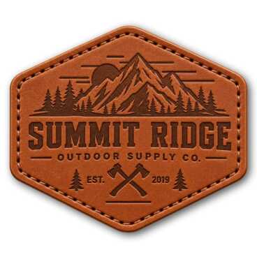 Hexagonal leather patch with embossed mountains and "Summit Ridge Outdoor Supply Co." text.