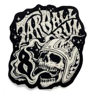 Patch with a skull in a helmet and decorative lettering.