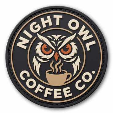 Circular patch with an owl and coffee cup logo, labeled 'Night Owl Coffee Co.'.