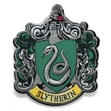 Embroidered patch with a green shield and silver serpent, surrounded by ornate silver details and a yellow banner reading Slytherin.