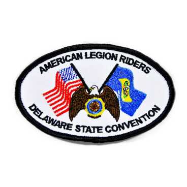 An oval patch with an eagle, US flag, and a state flag, labeled 'American Legion Riders, Delaware State Convention'.