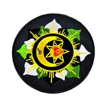 Embroidered patch with a yellow crescent, star, and colorful petal design.