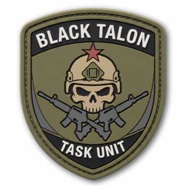 Patch with a skull in a helmet, crossed rifles, and the text 'Black Talon Task Unit'.