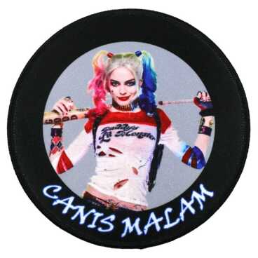 Circular patch with a character holding a baseball bat and colorful pigtails, with 'CANIS MALAM' written below.