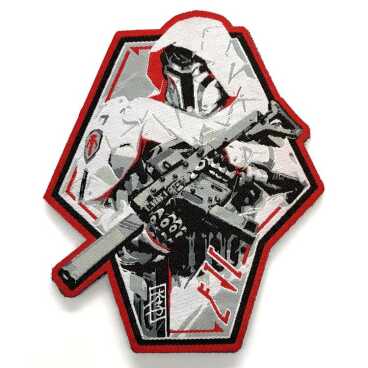 Embroidered patch depicting an armored figure with a weapon, bordered in red.