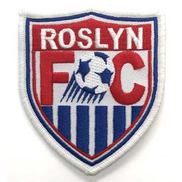 Embroidered patch with 'ROSLYN FC' and a soccer ball design in red, blue, and white.
