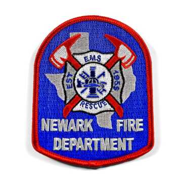Blue fire department patch with red border and insignia.