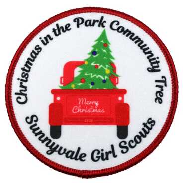 Patch with a red truck and Christmas tree, labeled 'Christmas in the Park Community Tree, Sunnyvale Girl Scouts'.